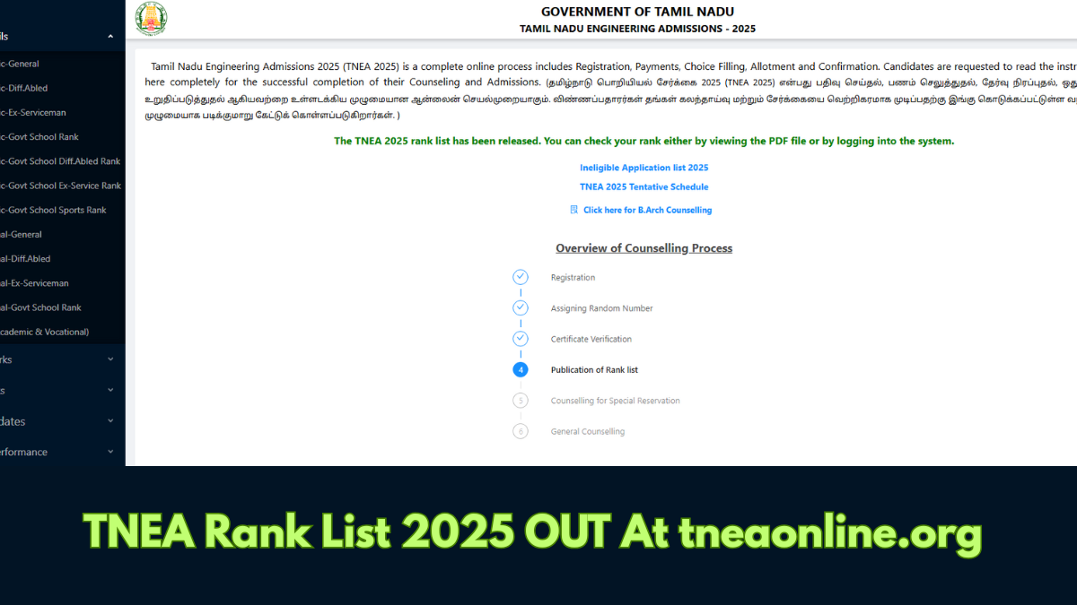 TNEA Rank List 2025 Live: Tamil Nadu Engineering Admission Rank List Released at tneaonline.org